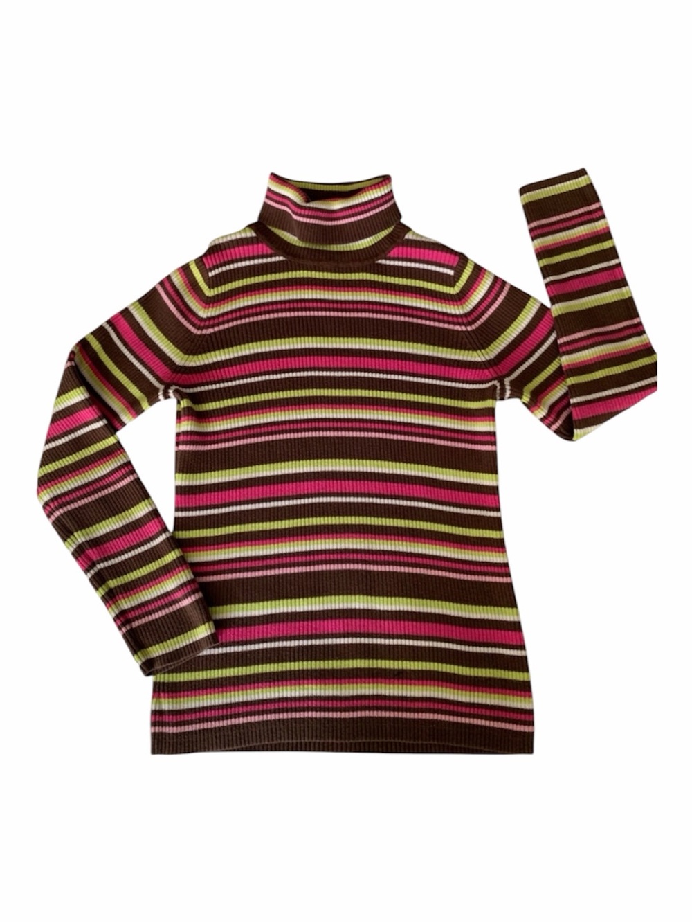 J. Khaki Striped Turtleneck Girls L Pink Green Brown Sweater Ribbed Long Sleeves